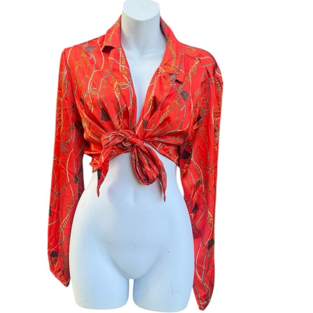 Dizzy Lizzy chain & rope Red Tie-Front Blouse